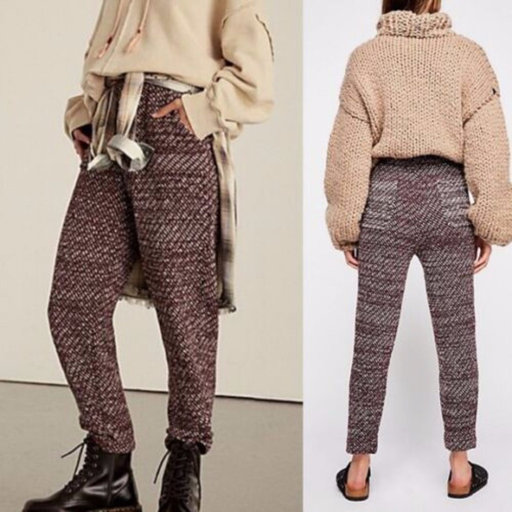 NWT Free People Cozy Knit Trouser Pants in Deep Red Combo Size S